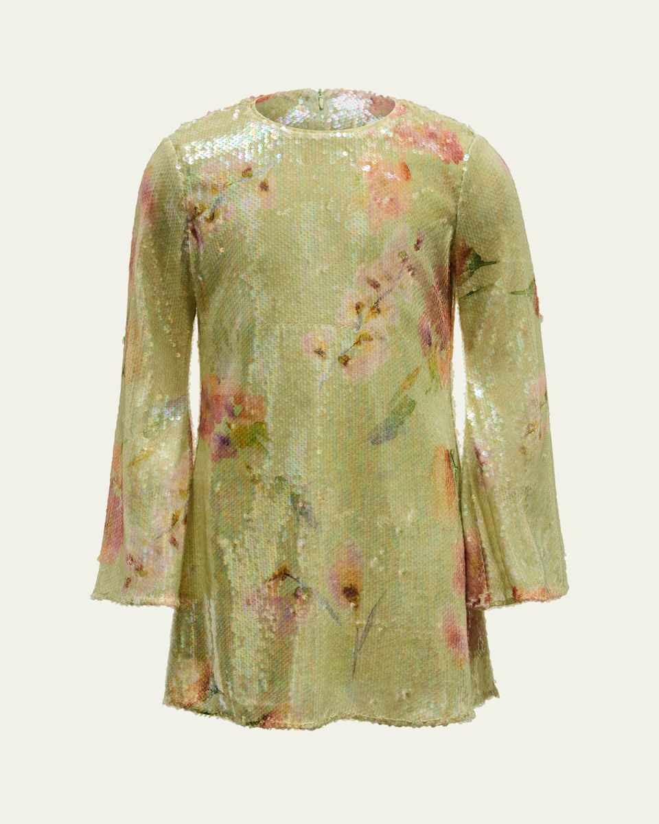 Girl's Floral-Print Sequin Dress, Size 6-1